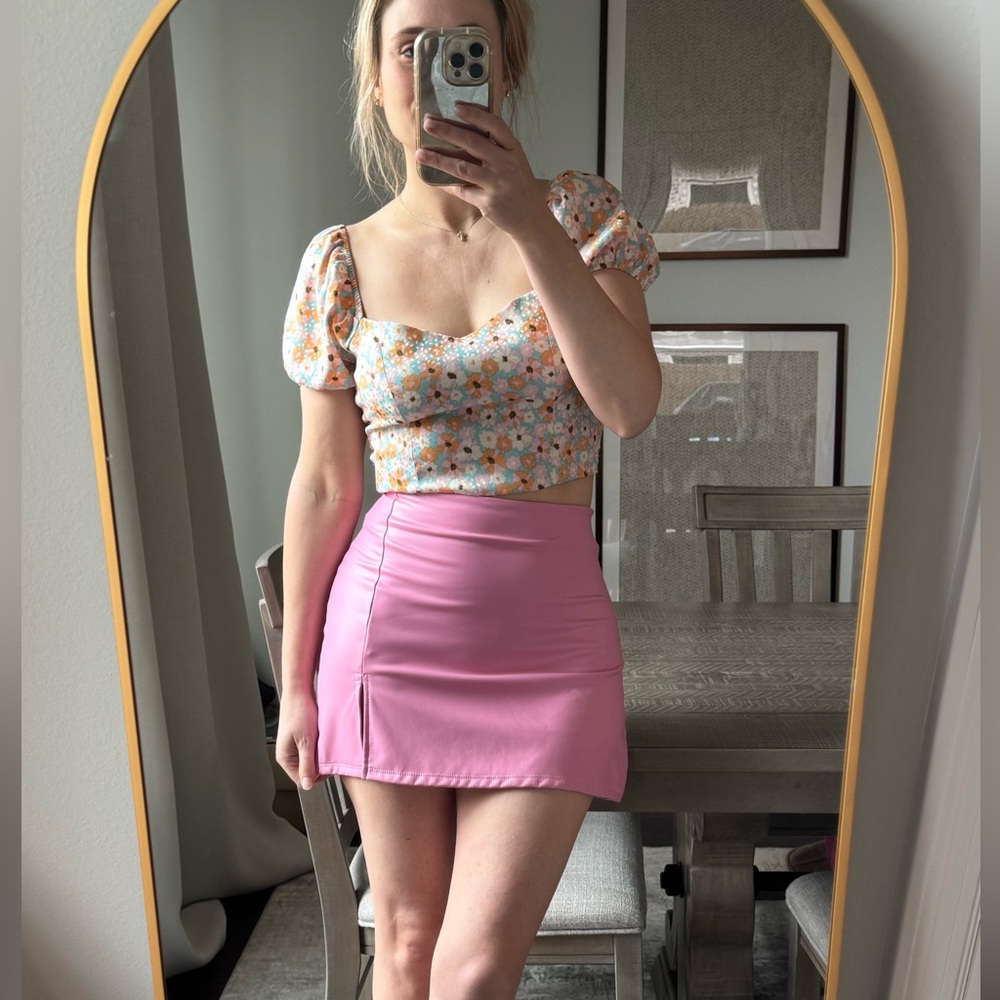 Pink Faux Leather Stretchy Mini Skirt - Picture 5 of 13